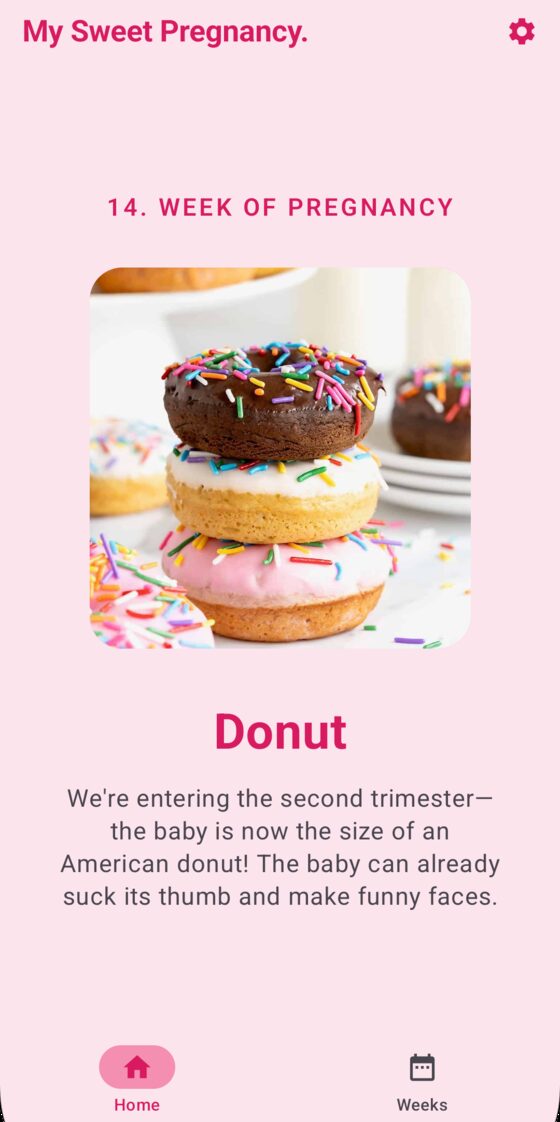 App screen showing the current pregnancy week and its matching pastry