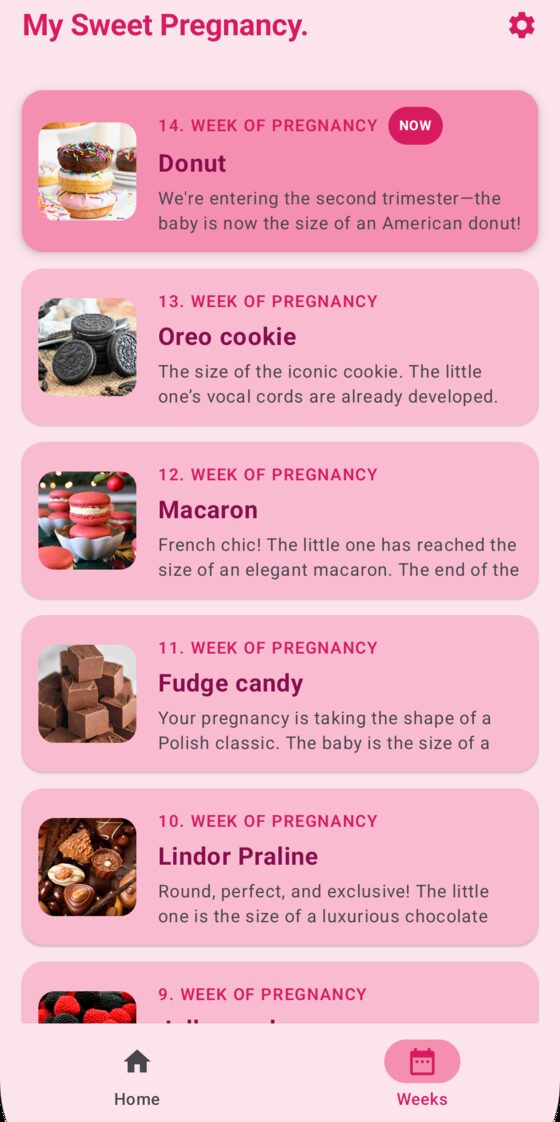App screen with the size comparison and countdown to the due date